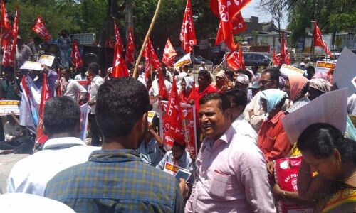 TSRTC employees protest at Bus Bhavan in Hyderabad