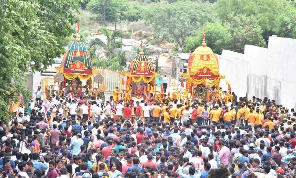 Devotees participating in Lord Jaganadha Rath Yatra at Banjara Hils ...