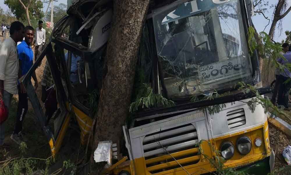 Around 35 people escape unhurt as RTC bus rams into a tree