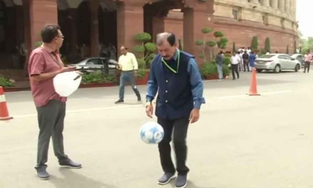 TMC MP  Prasun Banerjee plays football in Parliament, appeals PM to promote the game