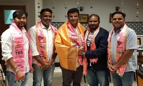 TRS NRIs felicitate party MLA in London