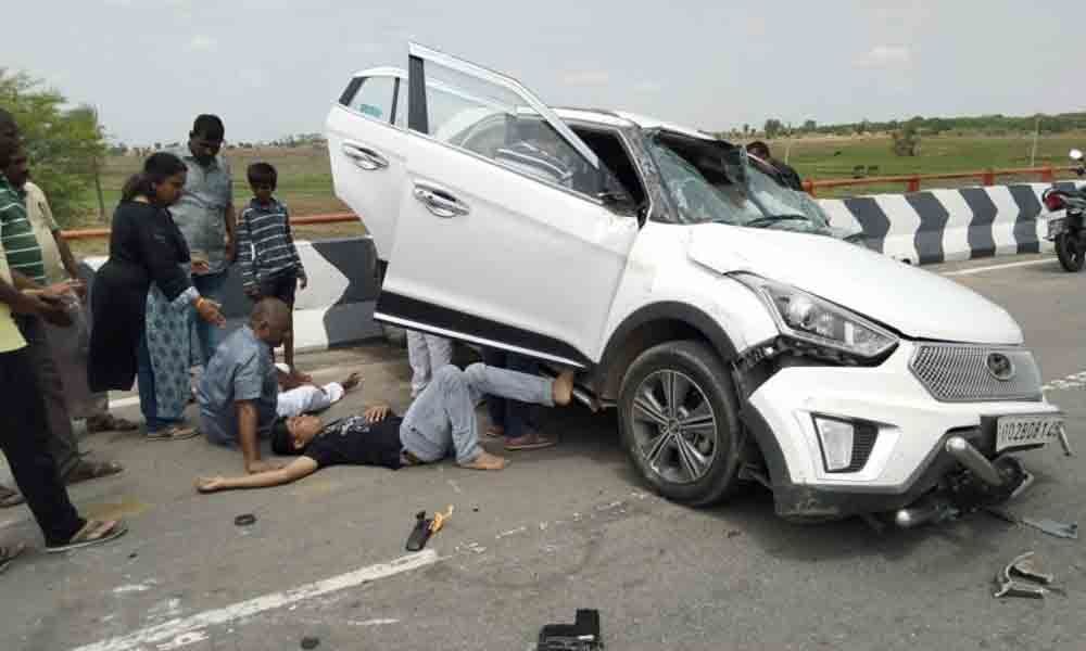 3 critically hurt as car somersaults after hitting median in Wanaparthy