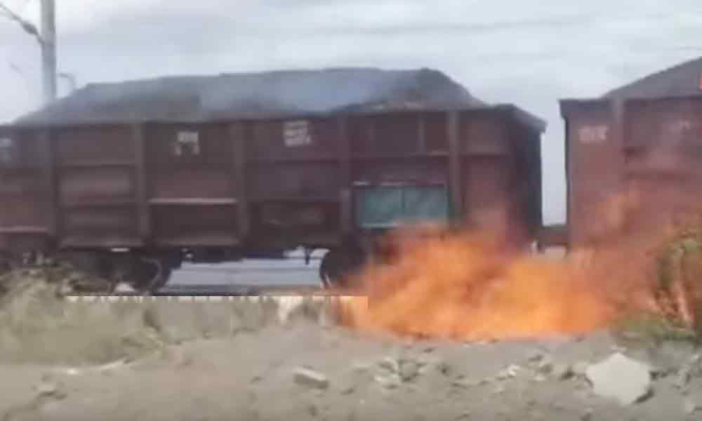 Goods train caught fire in Kadapa district