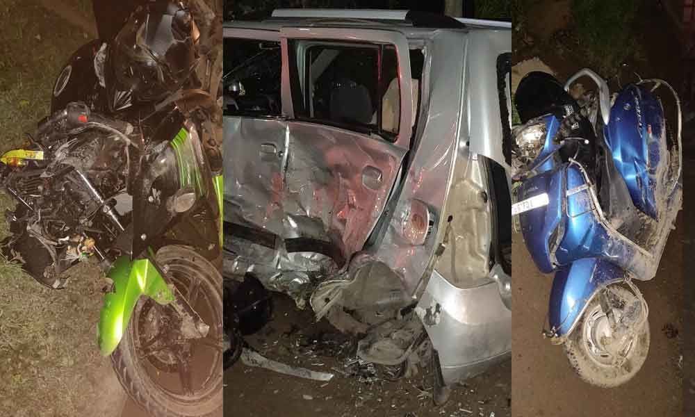Drunken youngsters car rammed on to service road on Medchal-Kompally national highway