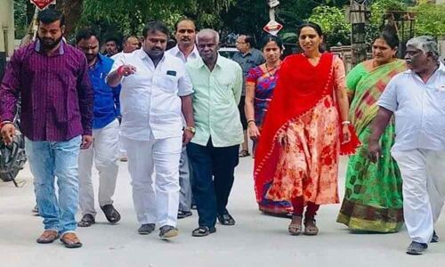 Corporator Satish Goud inspects cement road works