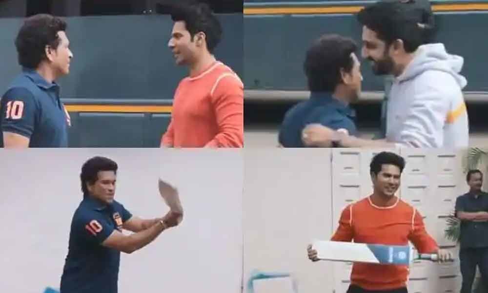 Watch: Sachin Tendulkar enjoys a game of cricket with Varun Dhawan