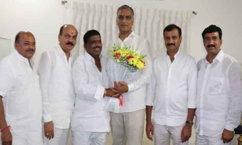 MLA Gudem Mahipal Reddy greets Harish Rao