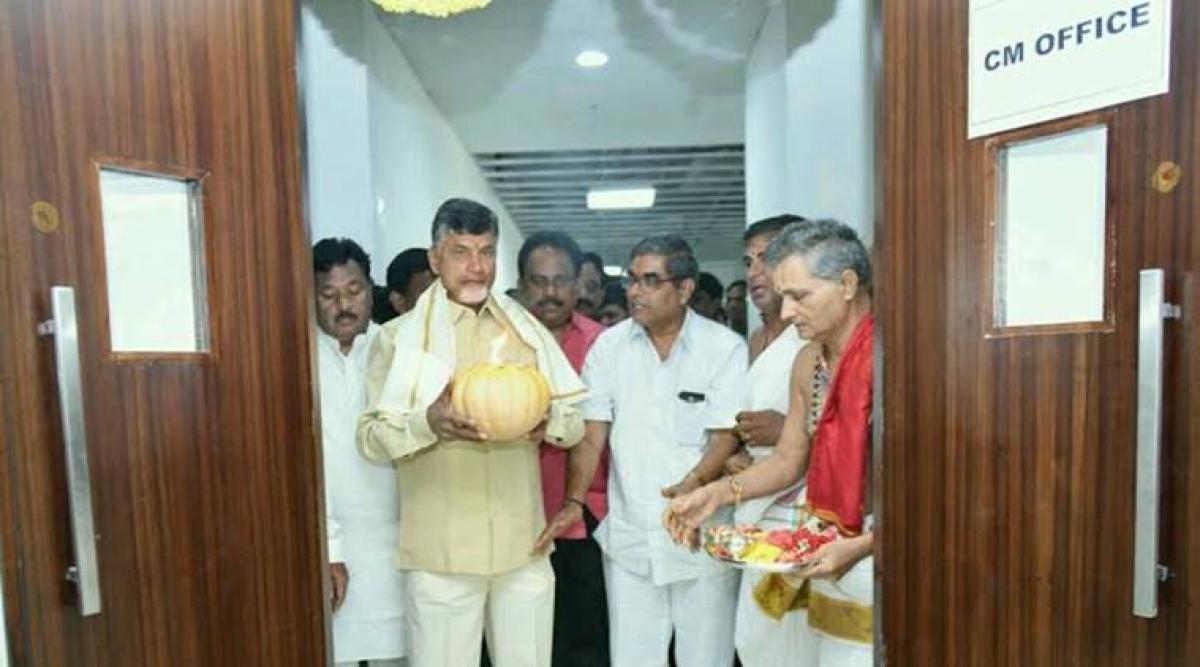 Chandrababu inaugurates his office at newly-built headquarters in Amaravati