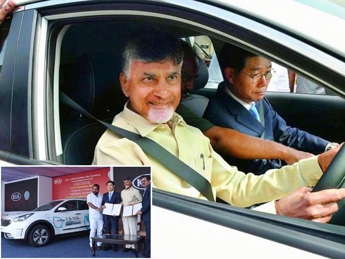CM Chandrababu Naidu launches and test drives KIA car