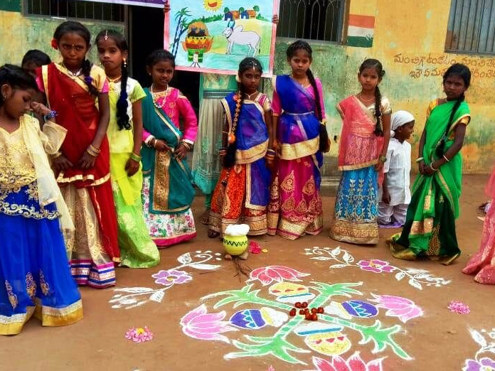 Kids celebrate Sankranthi at Kathulagudem municipal high school