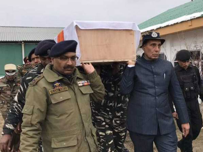 Pulwama terror attack: Rajnath Singh helps carry coffin of slain CRPF jawan