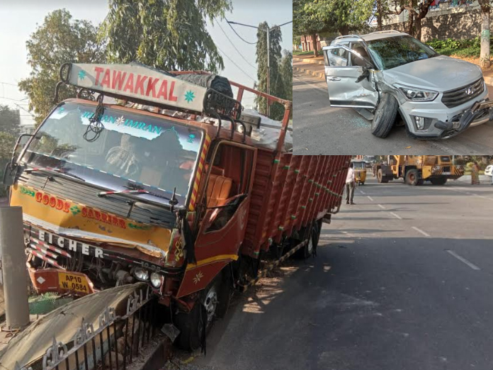 A DCM van hit the car and rammed into a divider at Rajbhavan