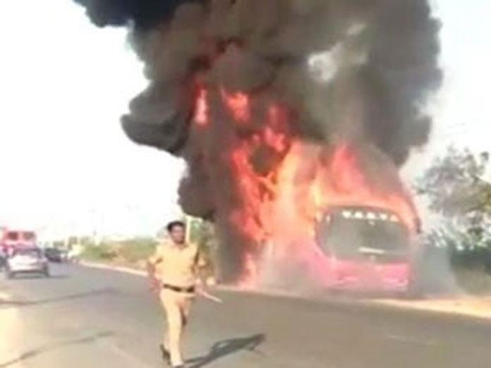 Volvo bus catches fire in Hyderabad