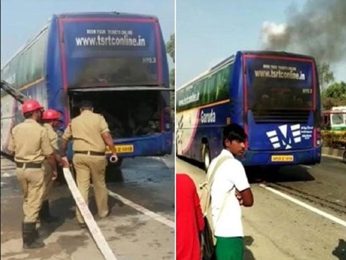 TSRTC Garuda bus catches fire in Vijayawada