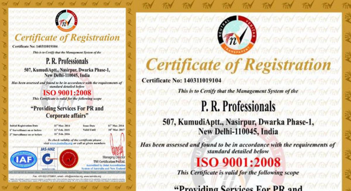 PR Professionals announces ISO 9001:2008 Certification
