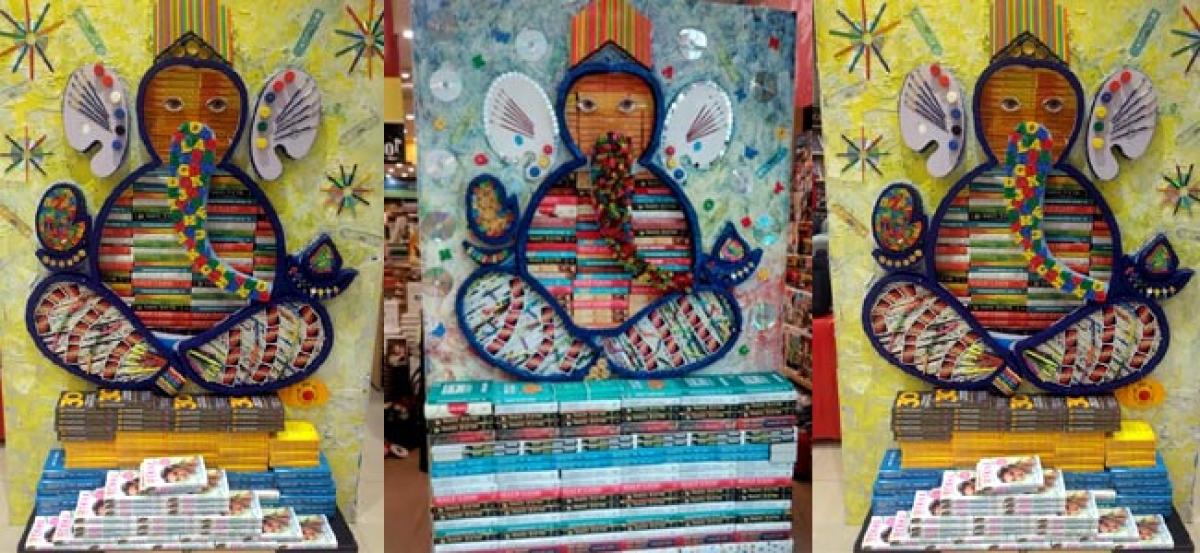 Ganpati made of books and stationery at Crossword store