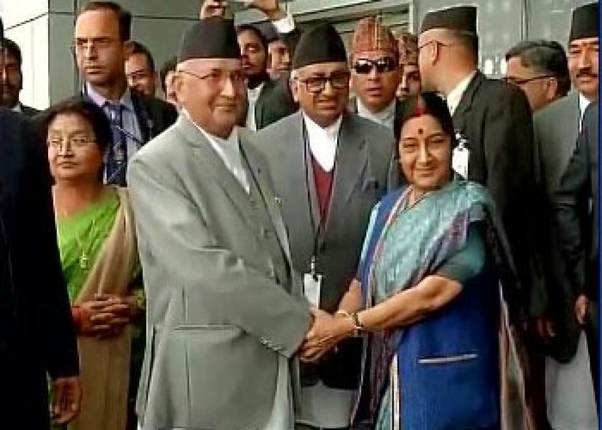 Sushma Swaraj receives Nepal PM Oli