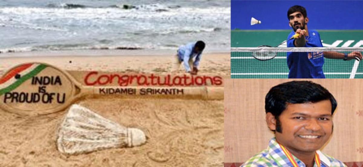 Sand-sculpted compliment for champion shuttler Srikanth