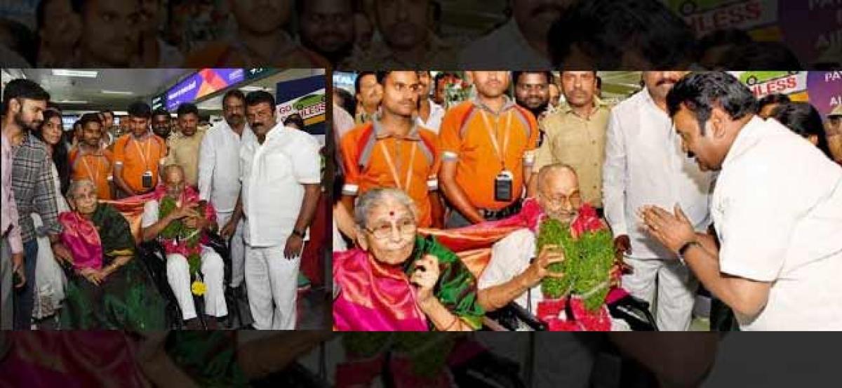 K Viswanath accorded warm welcome at Hyd airport