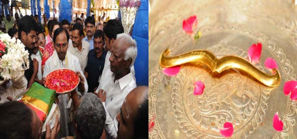 KCR Presents gold moustache to Lord Veerabhadra