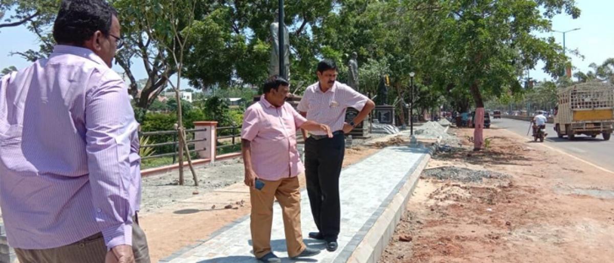 In-charge Commissioner K Ramesh inspect development works at Boat Club in Kakinada