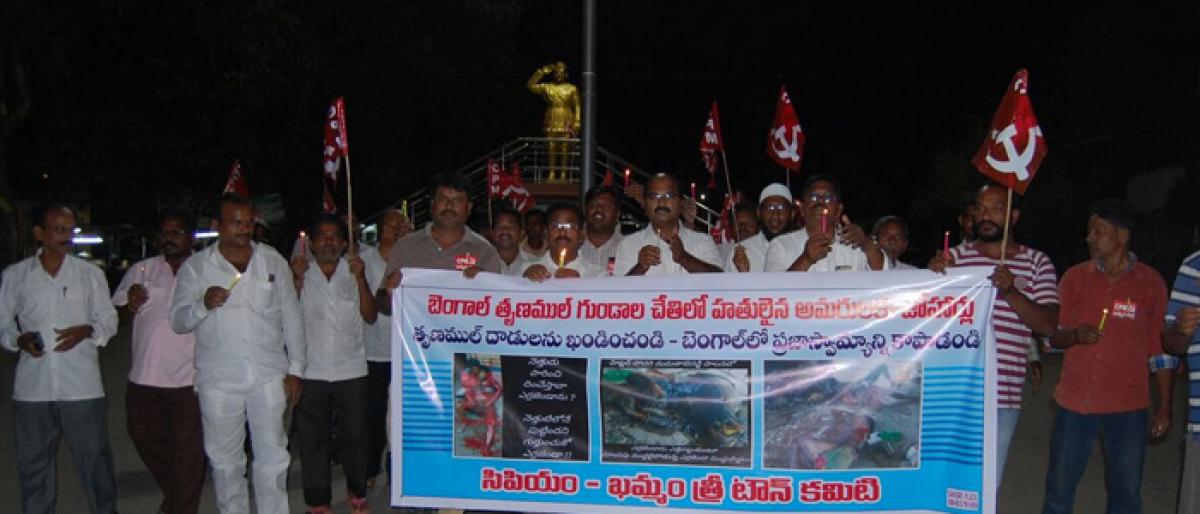 Khammam CPM leaders takes out candle rally to protest attack on Left leaders
