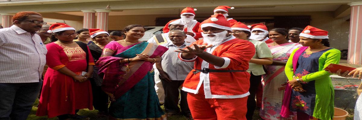 Santa Claus distributes greeting cards, gifts