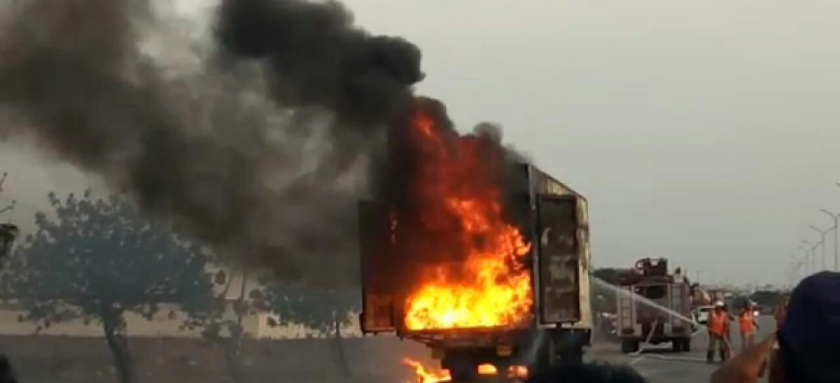 Container lorry gutted in Gadwal