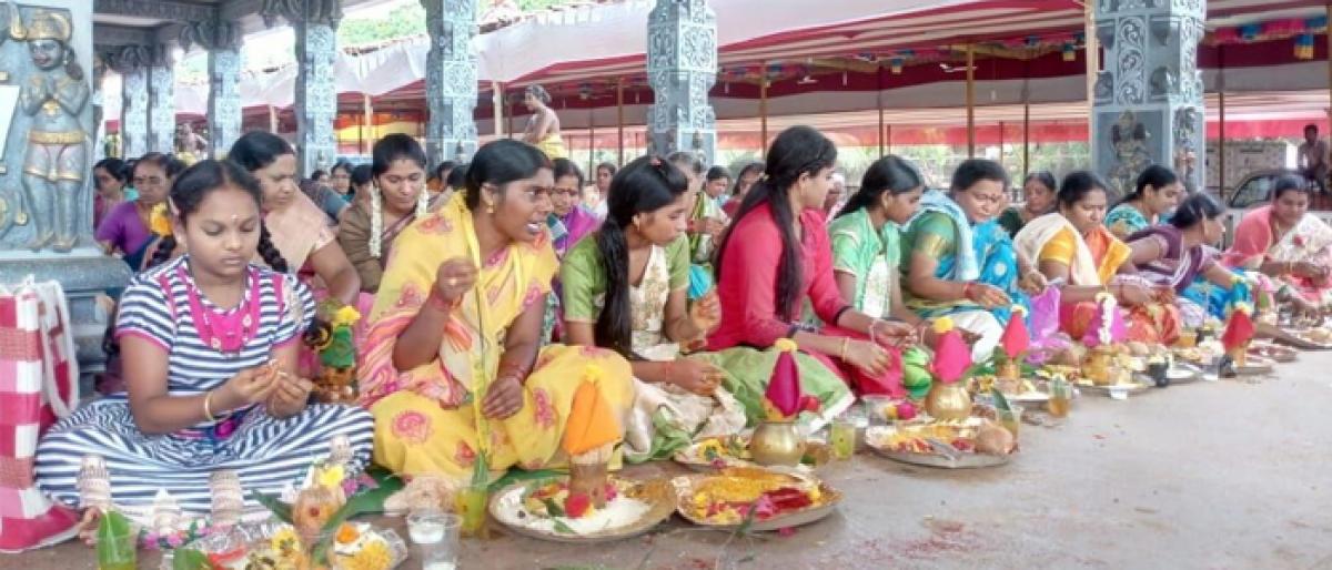 Women perform mass Varalakshmi Vratam at Dwaraka Tirumala temple