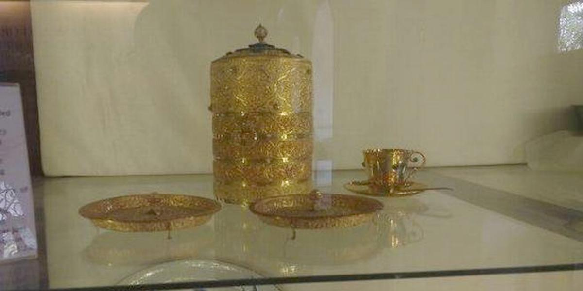 The Three Tier gold tiffin box of Nizam V11 loses its sheen- on public display at Purani Haveli