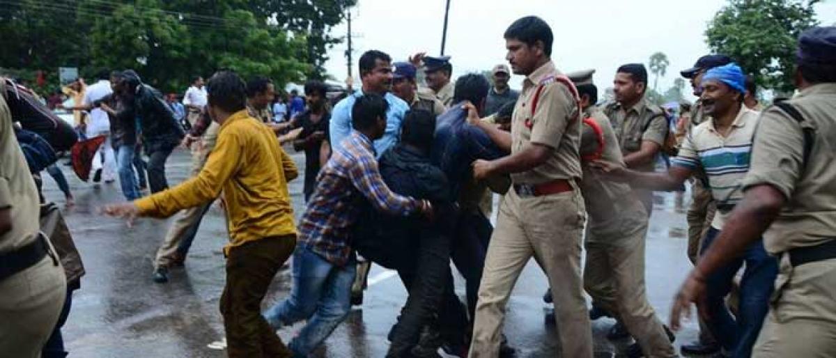 Tension at Collectorate as ABVP activists stage dharna