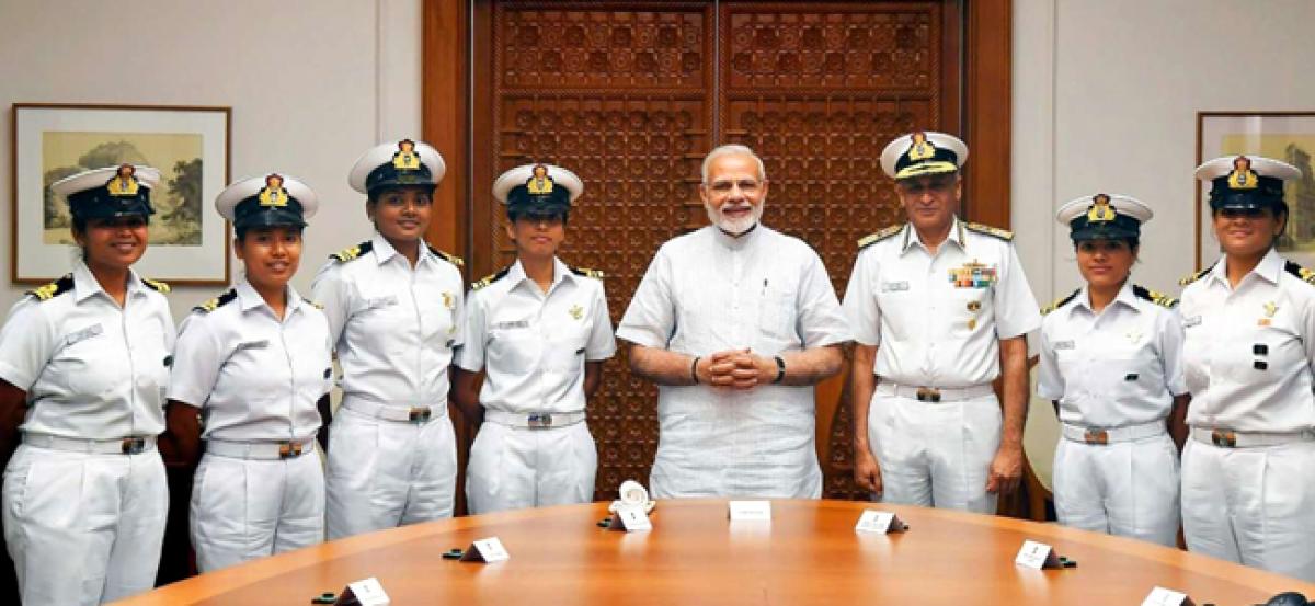 PM meets all-woman crew of INSV Tarini, who successfully sailed around globe