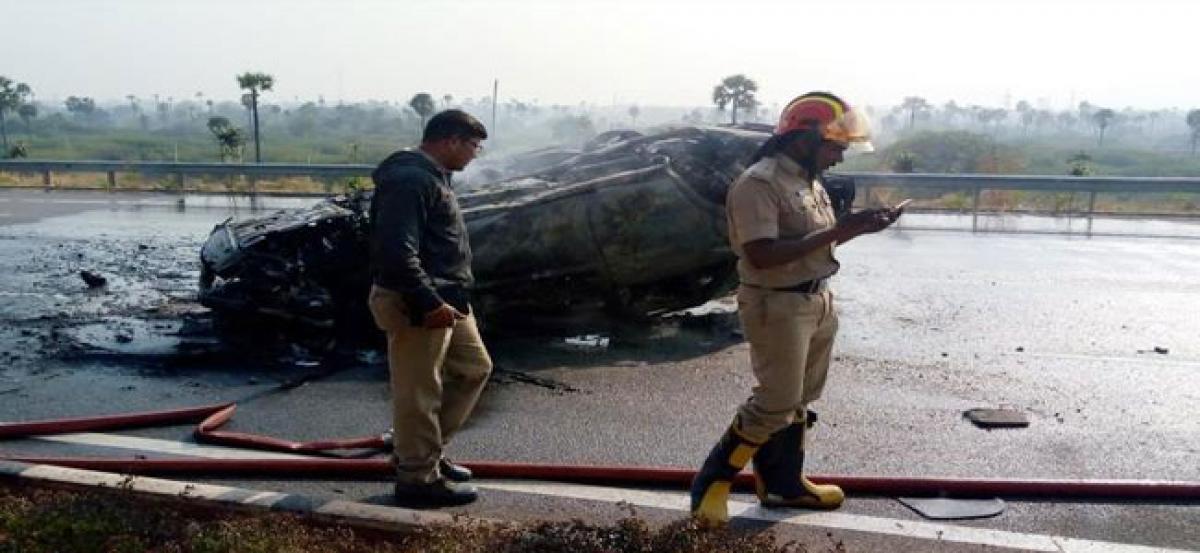 Car catches fire after crashing into electric pole near Ghatkesar, one injured