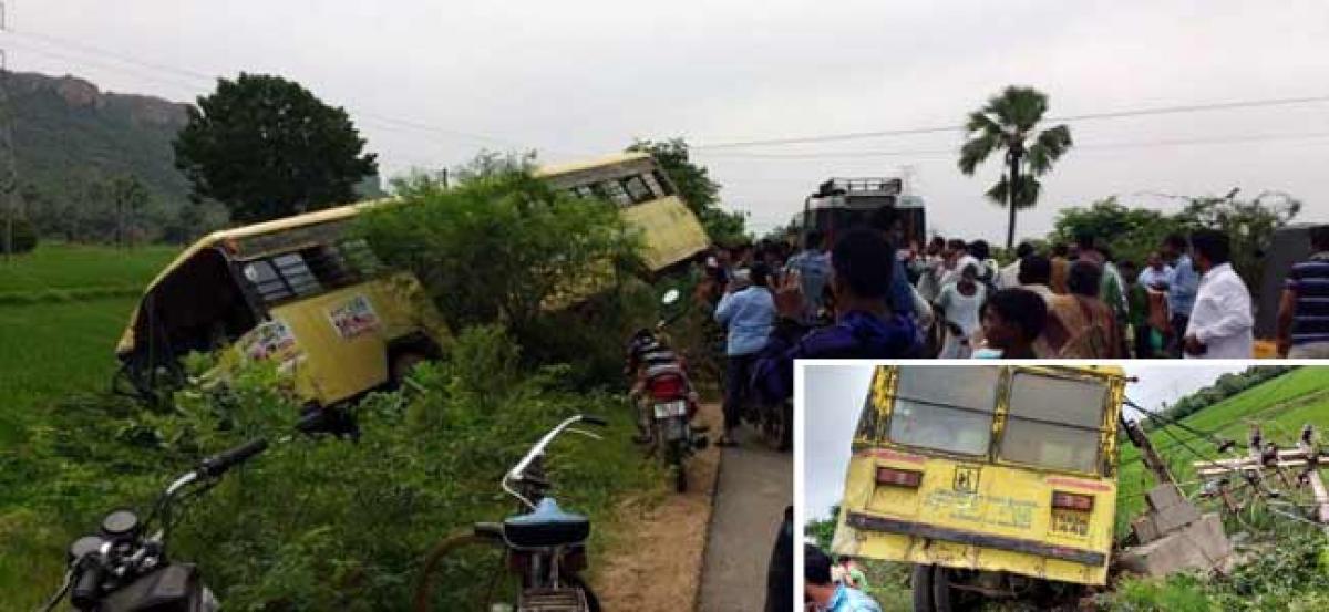 Miraculous escape for 50 school children as bus hits transformer in Peddapalli