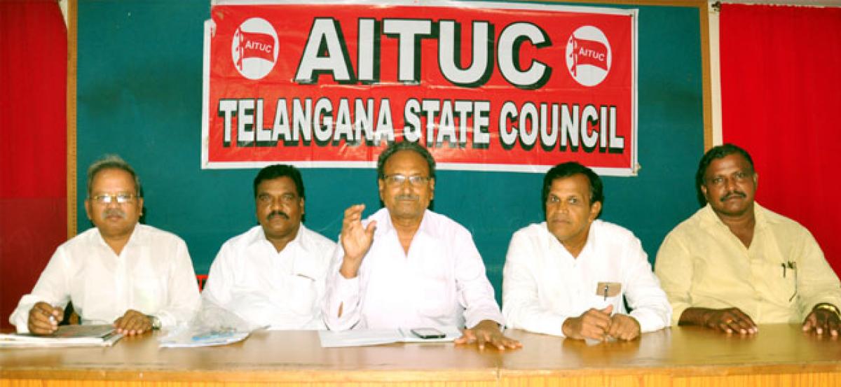 AITUC leaders addresses a presser on Singareni elections