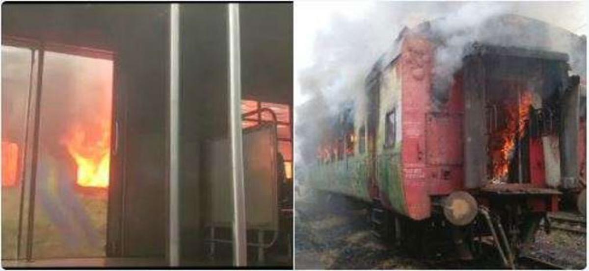 An empty coach (AC 3 Tier) of a train in Pune yard caught fire