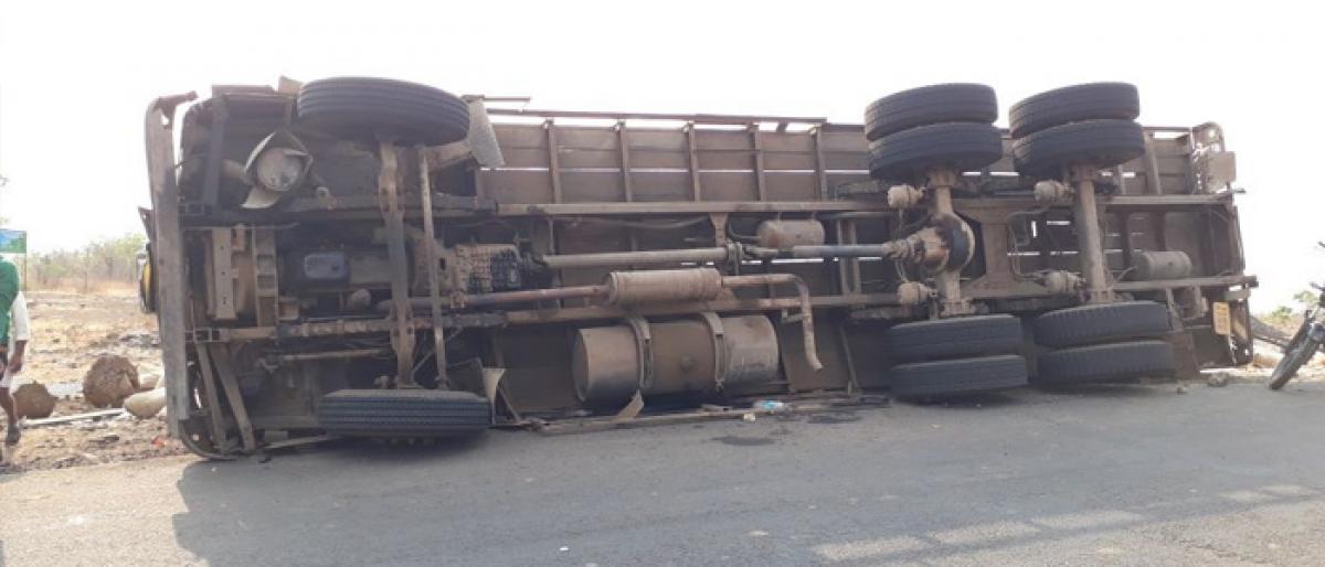 Rice-laden lorry overturns Vikarabad district