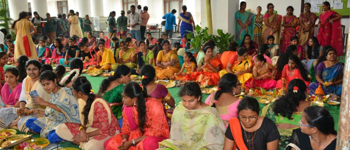 Vignan girls perform Varalakshmi Vratham at Vignans University at Vadlamudi in Guntur district