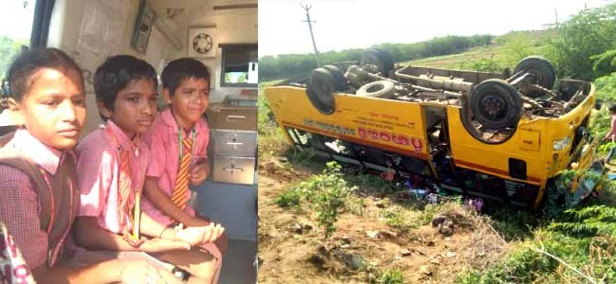 Major mishap averted when a school bus overturned near Podili