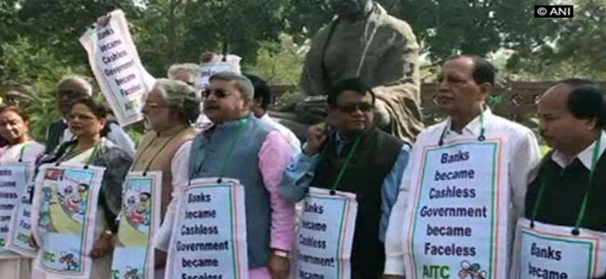 Budget Session: TMC protest near Gandhi statue over PNB scam