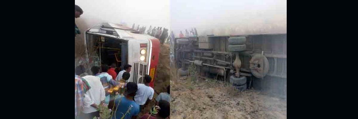 RTC bus turns title in Sangareddy, 20 injured