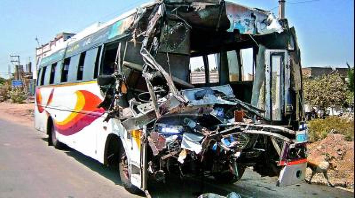 TSRTC Bus collides with lorry in Jagtial; One killed, eight injured