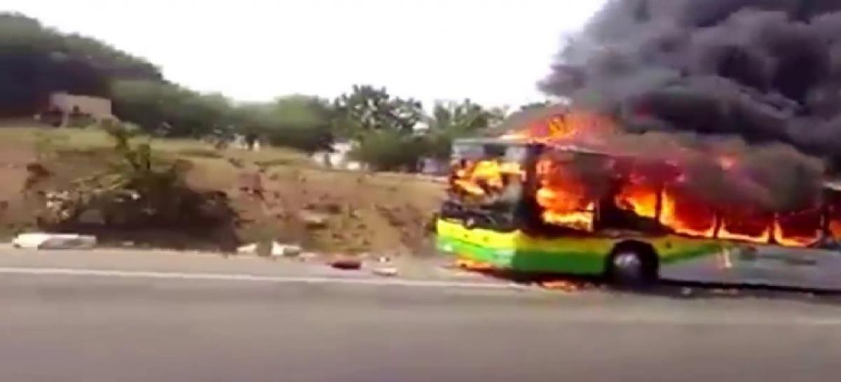 Bus catches fire in Vijayawada