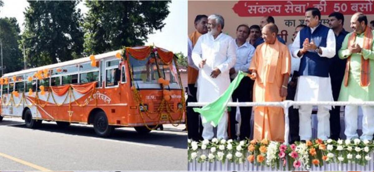UP CM Adityanath flags off 50 Sankalp Seva buses in Lucknow