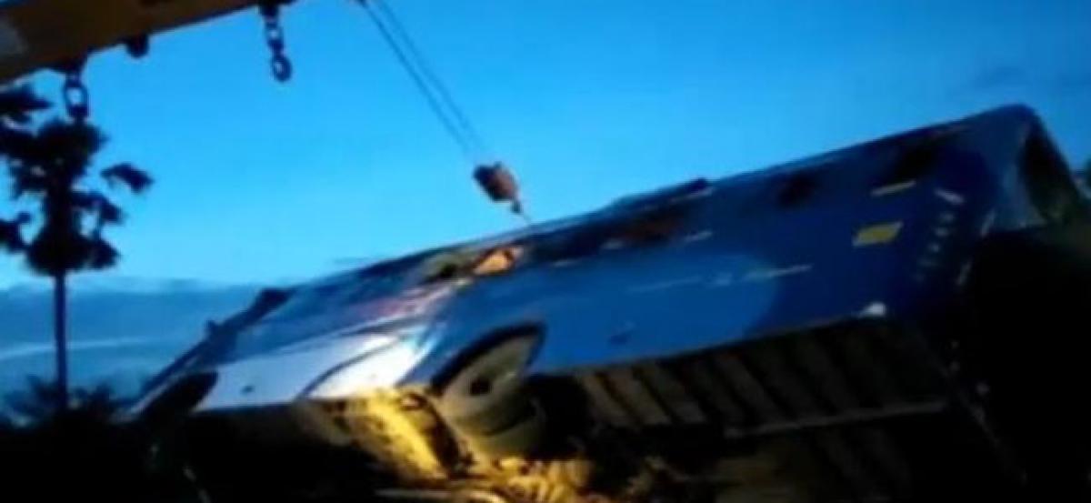 Bus turns turtle in Nalgonda; Two killed, seven injured