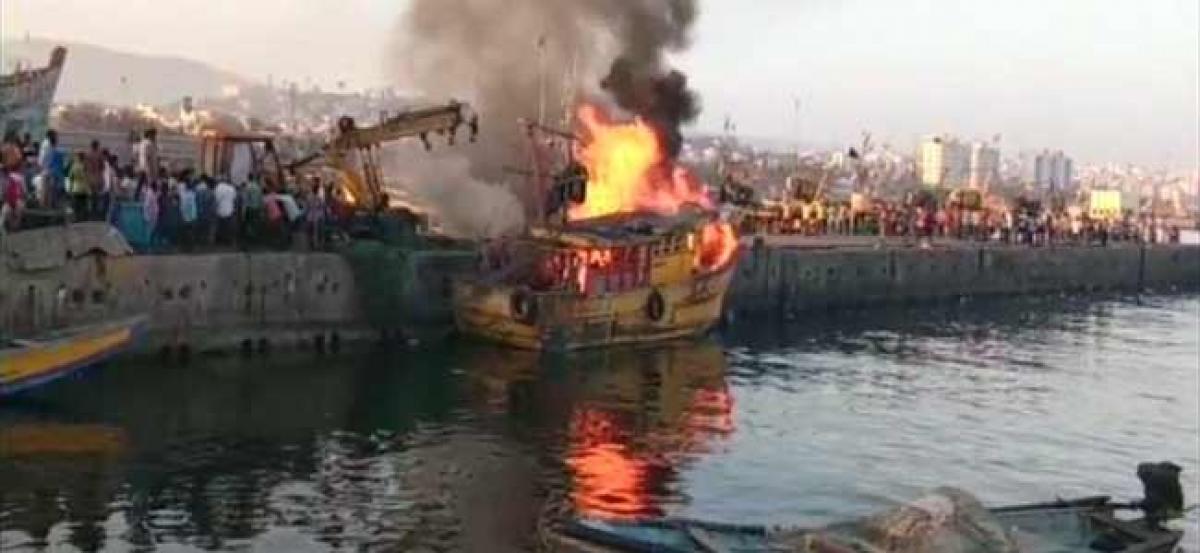 Fishing boat catches fire at Visakhapatnam coast