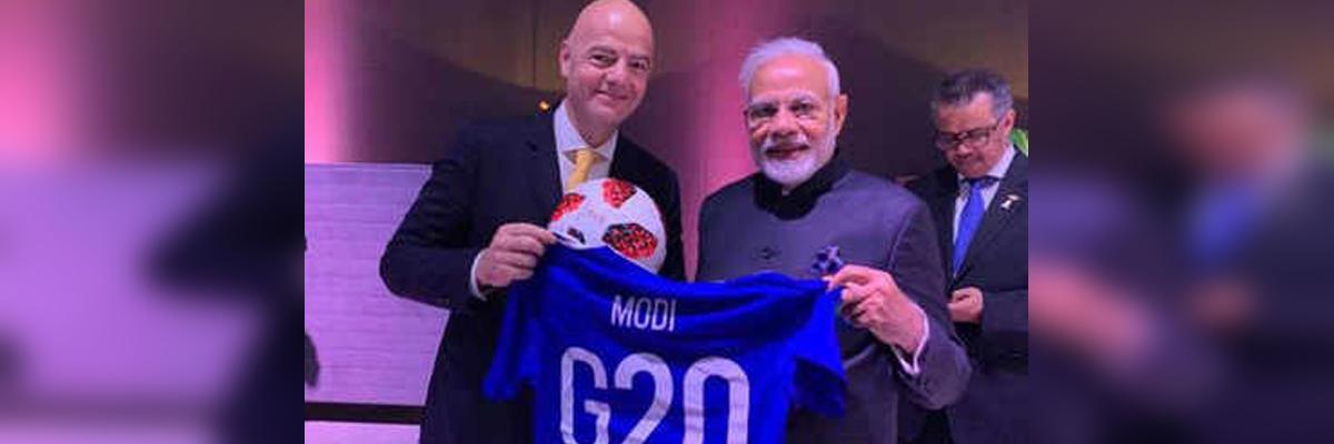 Narendra Modi receives special football jersey from FIFA President Gianni Infantino