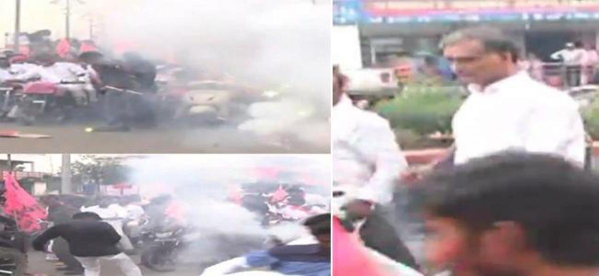 Election campaign: Minister Harish Rao escapes firecracker mishap