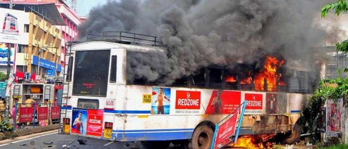 Bikers races to death, KSRTC bus catches fire in collision