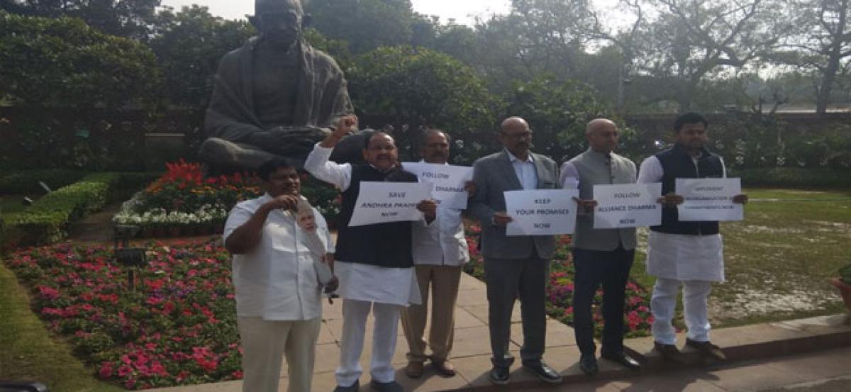 TDP MPs stage protest in Parliament against Union Budget